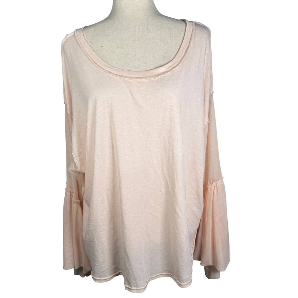 Free People Top Womens Large Peach Pink Mesh Bell Sleeve Boho Coastal Knit Shirt